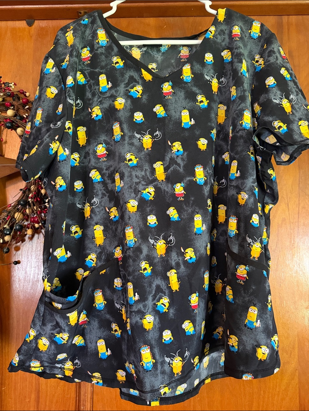 Black Minions Pattern Short Sleeve Scrub Top